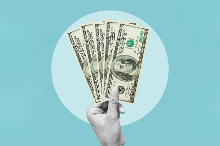Collage with hand holding dollars
