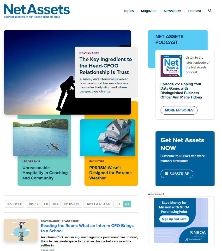 screenshot of homepage of the digital Net Assets magazine by NBOA