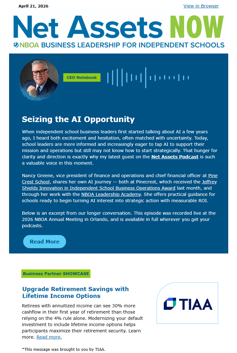 screenshot of part of the NBOA Net Assets NOW e-newsletter
