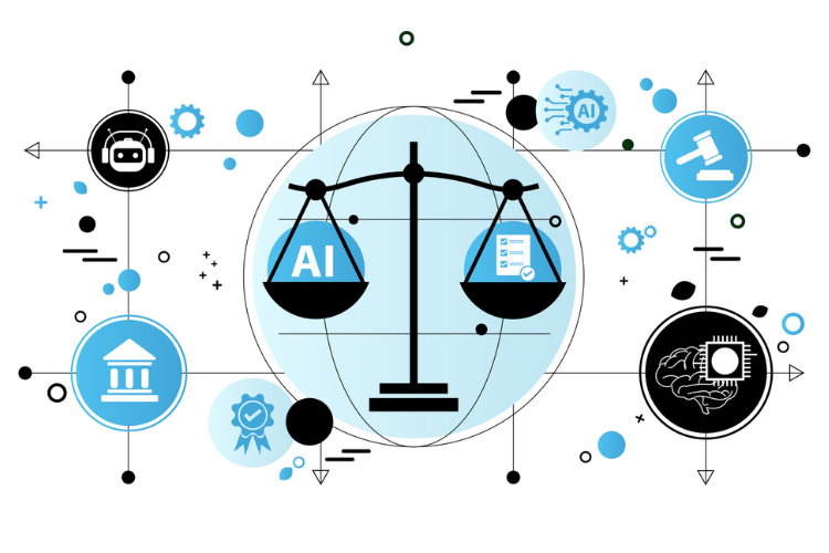 Illustration of a scale balancing AI and documents, surrounded by icons of tech, law, and governance, symbolizing AI ethics and regulation.