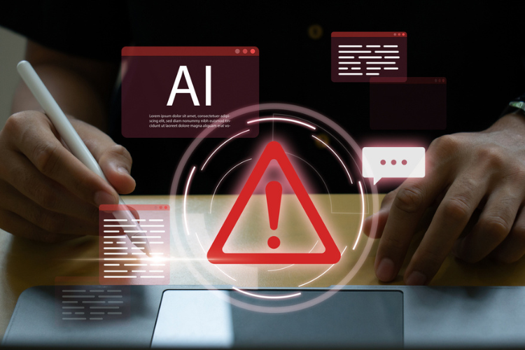 Hand interacting with virtual system warning icon surrounded by AI and data graphics
