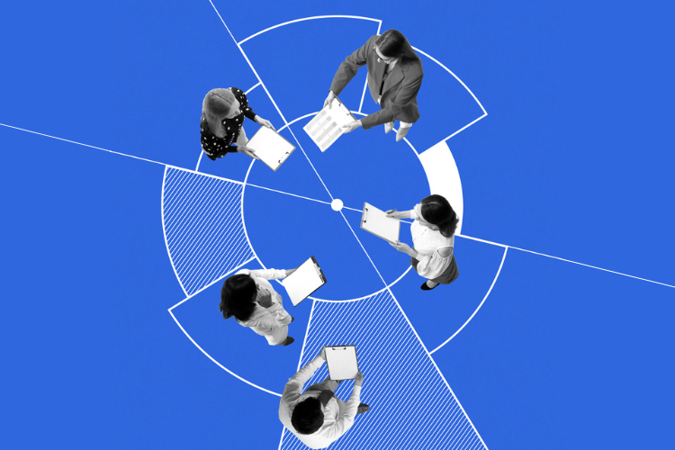 Five employees stand in an illustrated chart, holding papers.