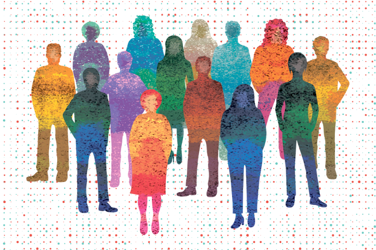 Silhouettes portraits of women and men in a vibrant watercolor design