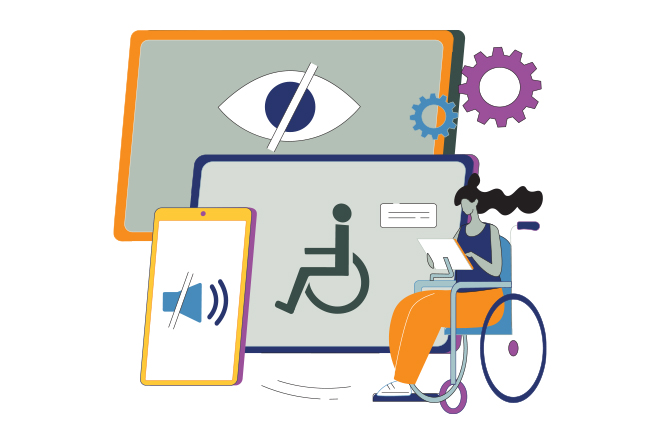 Stock illustration of woman in wheelchair with a tablet