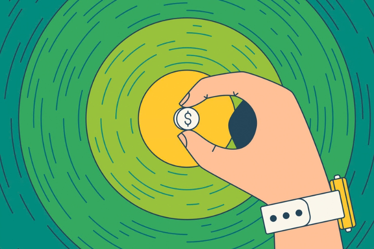 Hand holding a coin on a background of circular lines