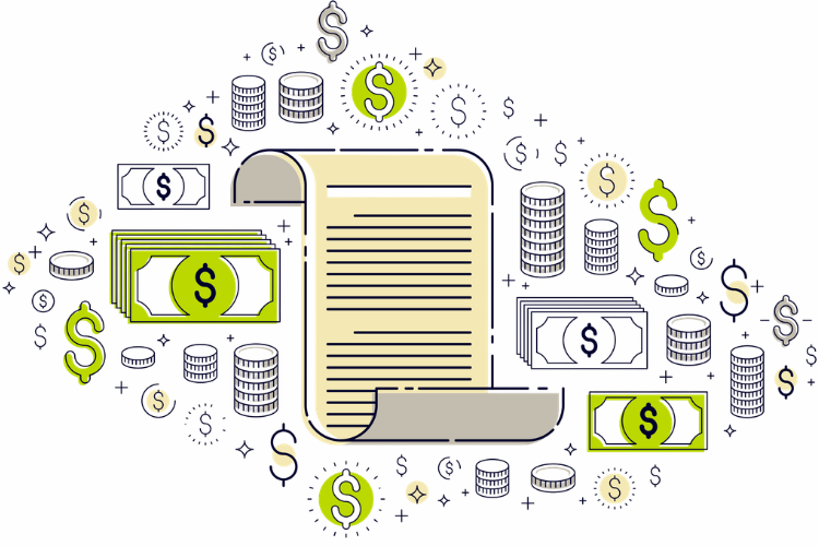 Illustration of a paper document surrounded by money and coin icons