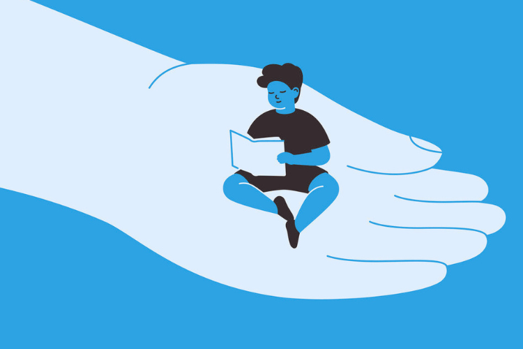 Stock illustration of human hand holding small boy with care and love.