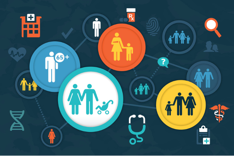 An illustration of interconnected circles with family and healthcare icons.