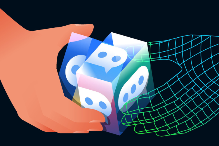 Human and digital hands solving glass cube stock illustration