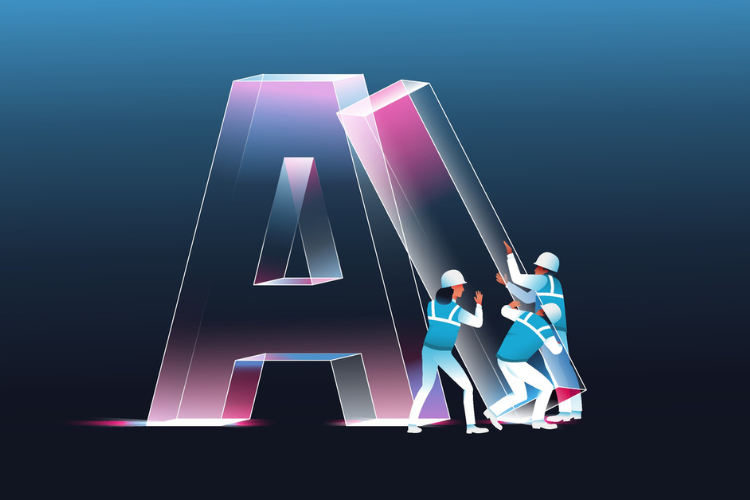 Illustration of engineers installing giant letters AI