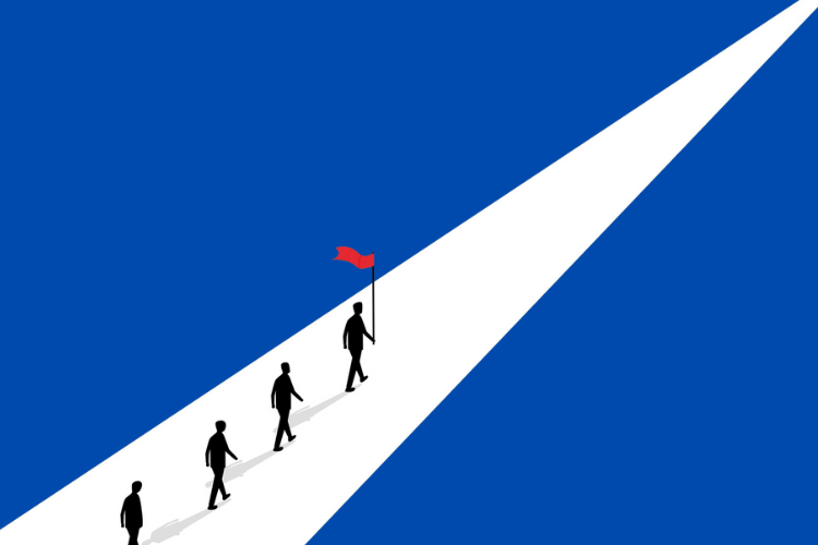 Stock illustration of silhouetted people walking in a line, with the leader in the front