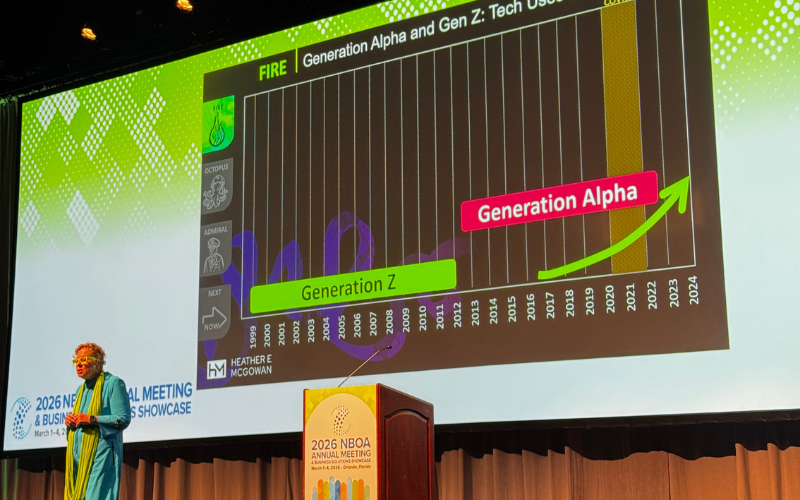Heather McGowan presents on stage at the 2026 NBOA Annual Meeting.
