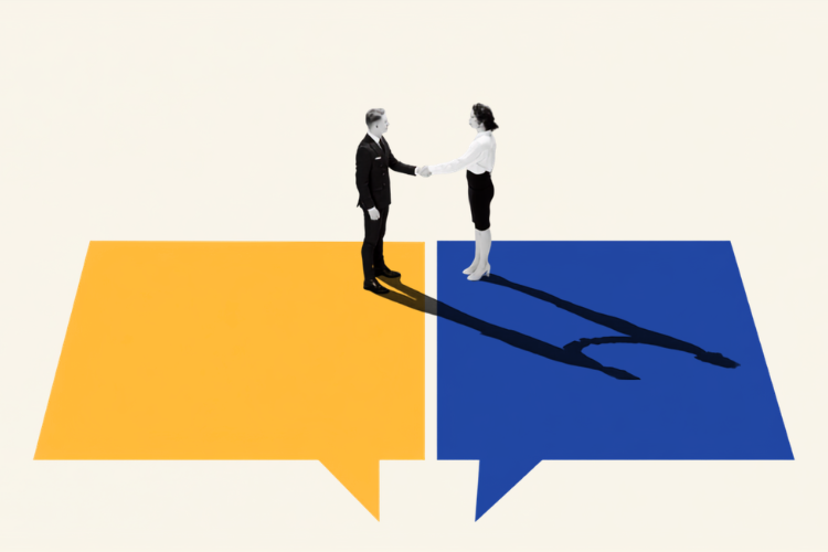 Collage of businessman and businesswoman shaking hands on colorful overlapping speech bubbles