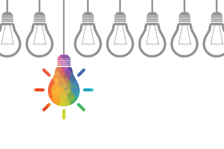Illustration of seven gray lightbulbs and one rainbow lightbulb.
