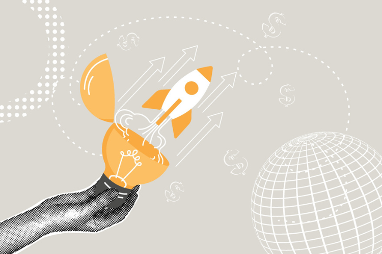Illustration of a hand holding a cracked lightbulb from which a rocket launches.