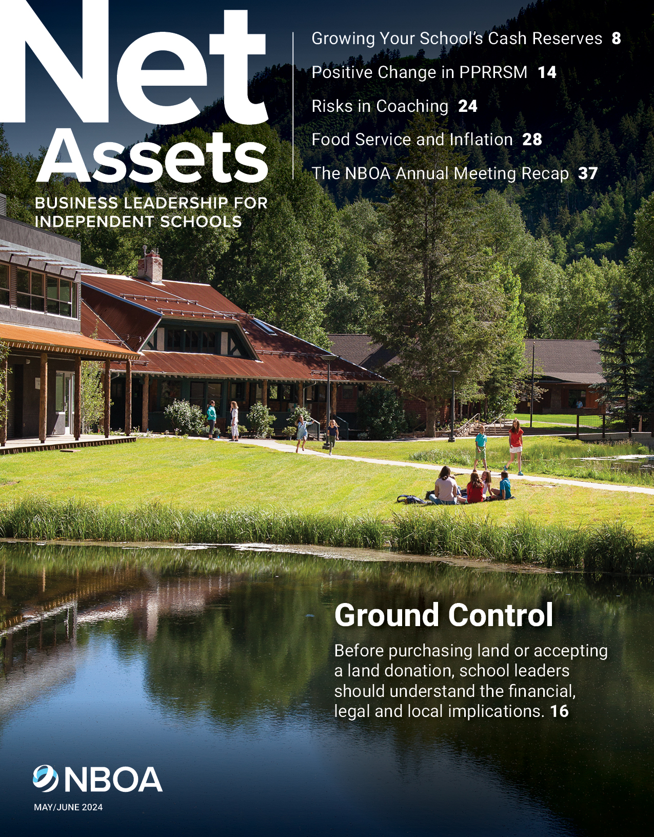cover of May June issue of Net Assets magazine campus photo lake trees