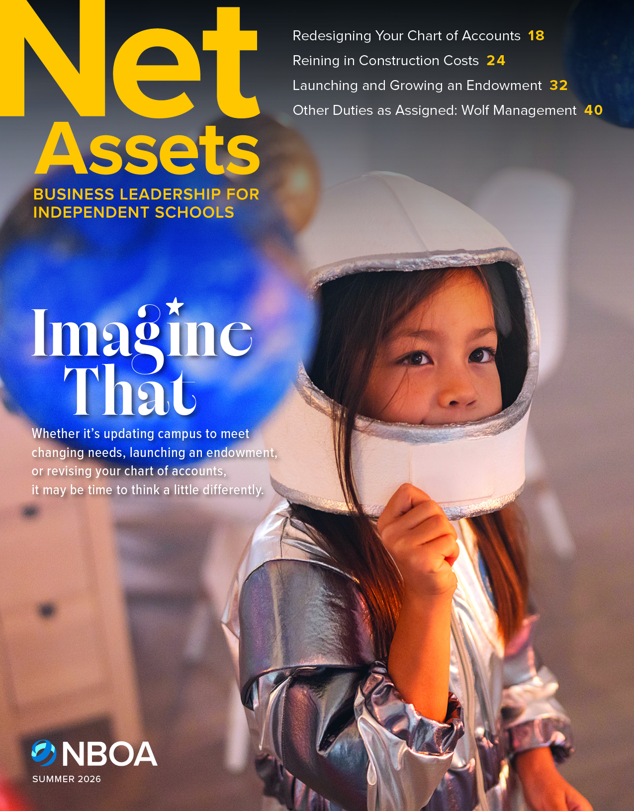 Net Assets print magazine cover featuring a little girl in an astronaut costume.