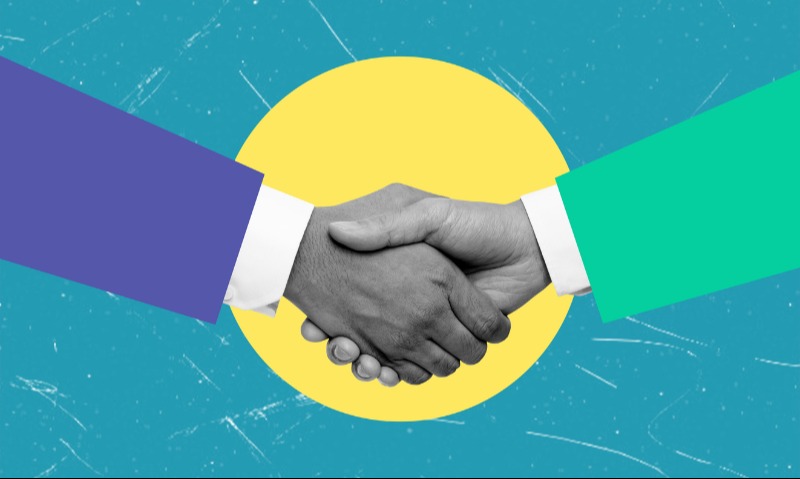 handshake with blue sleeve and green sleeve and yellow circle around hands