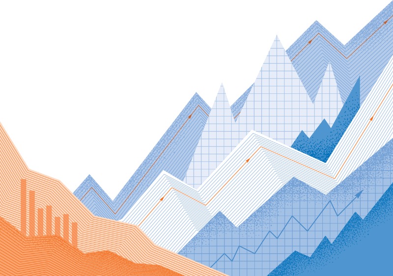 stock market chart illustration in oranges and blues